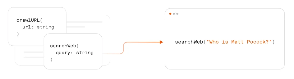 The model selects a web search from a menu of available functions.